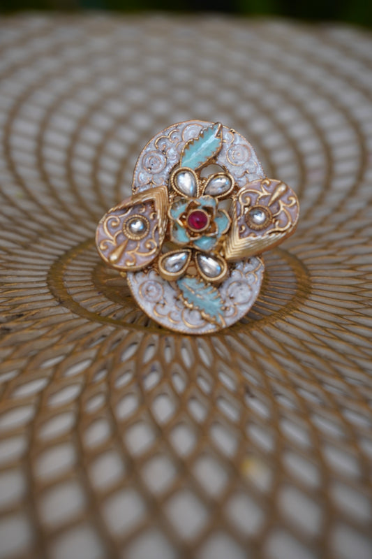 Oval Shape Gold Plated Rajwadi Look Adjustable Ring