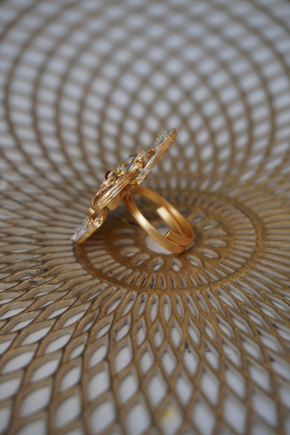 Oval Shape Gold Plated Rajwadi Look Adjustable Ring