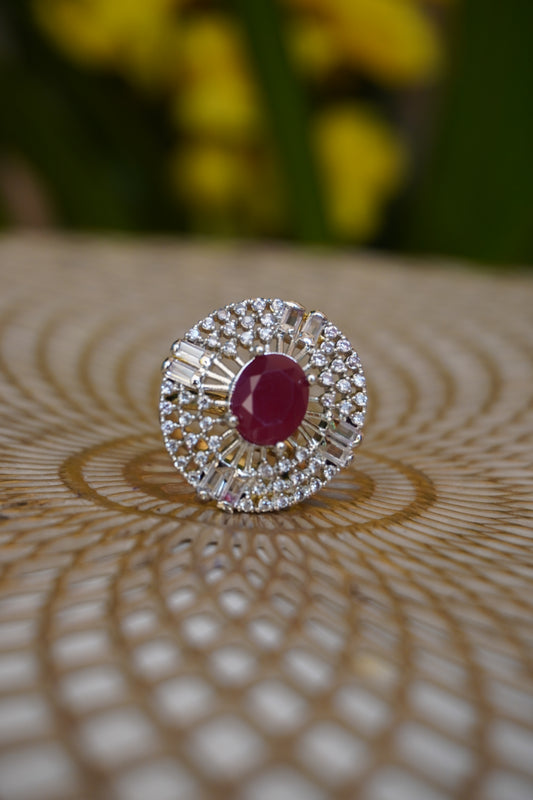 Round shape American Diamond Stylish Red Stone Adjustable Ring