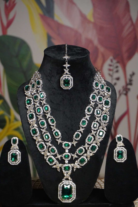Green Colour Diamond Necklace with Earring & Maang Tikka