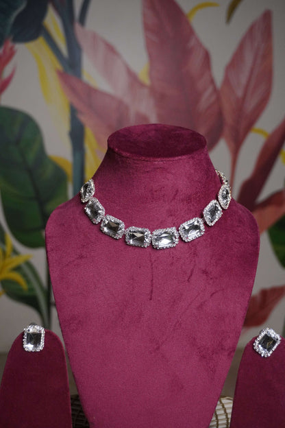 Silver Colour Diamond work Kundan Necklace with Earring