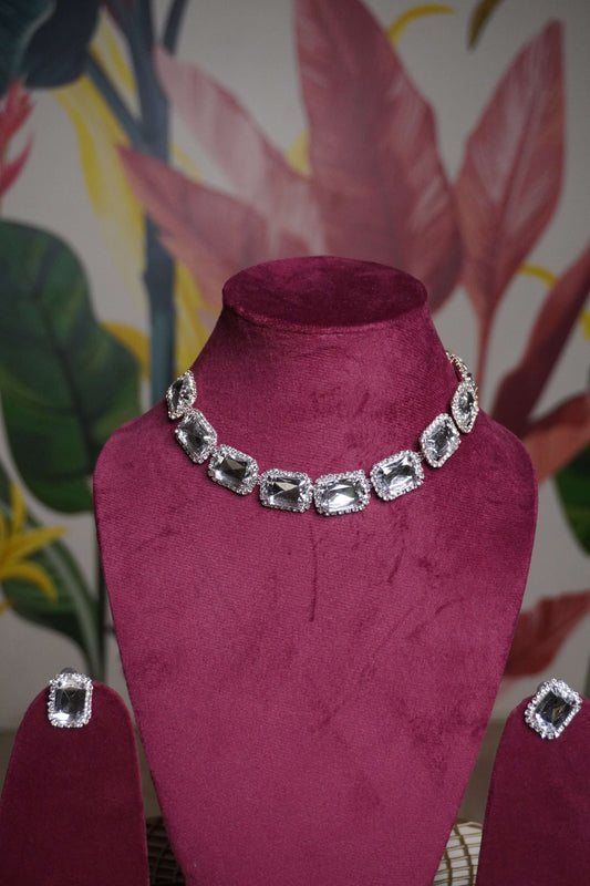 Silver Colour Diamond work Kundan Necklace with Earring