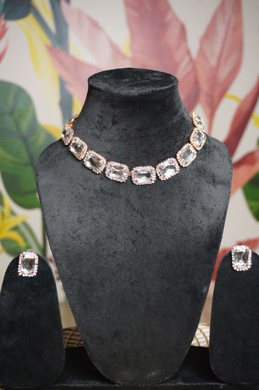 Rose Gold Colour Diamond work Kundan Necklace with Earring