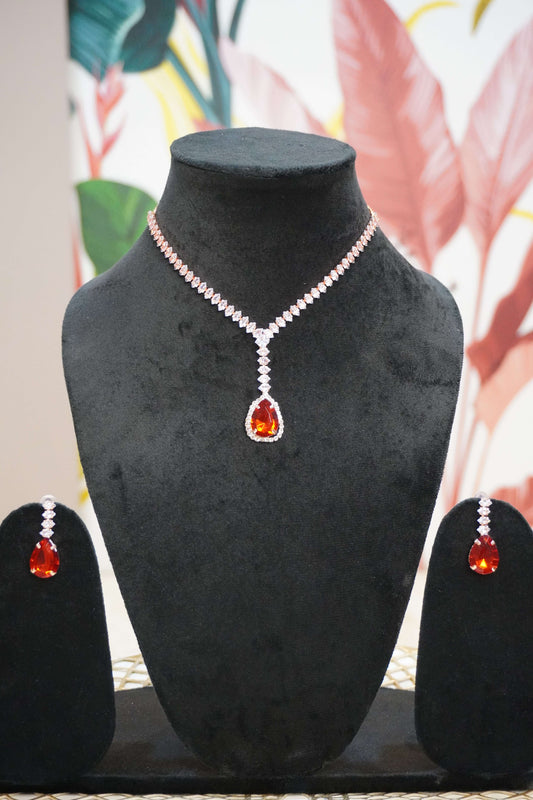 Red & Rose Gold Colour Pendant Necklace with Earring
