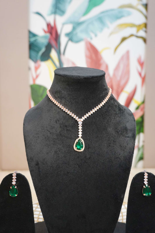 Green & Rose Gold Colour Pendant Necklace with Earring