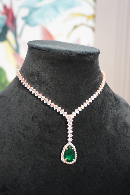 Green & Rose Gold Colour Pendant Necklace with Earring