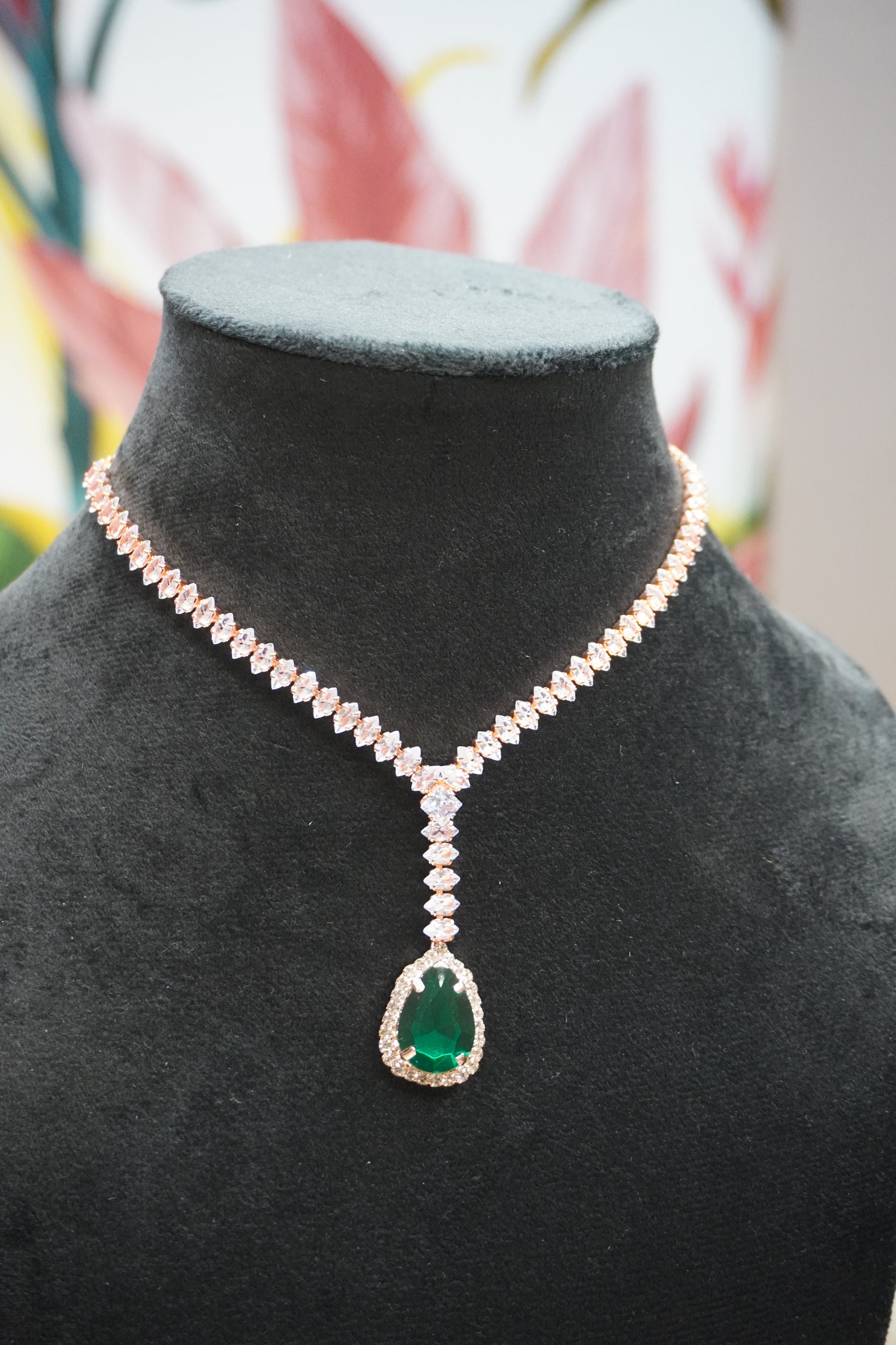 Green & Rose Gold Colour Pendant Necklace with Earring
