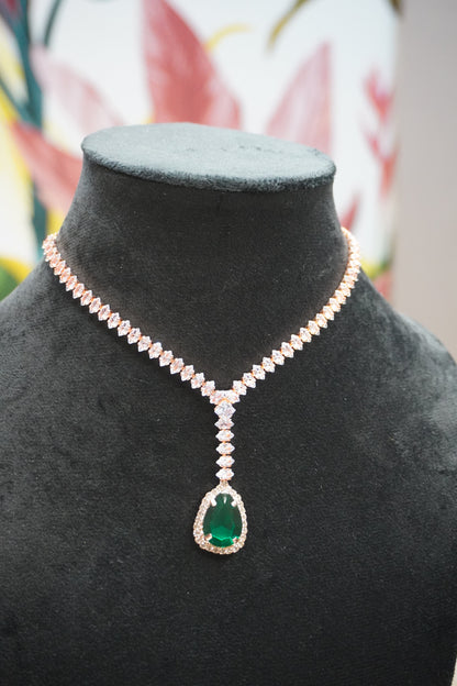 Green & Rose Gold Colour Pendant Necklace with Earring