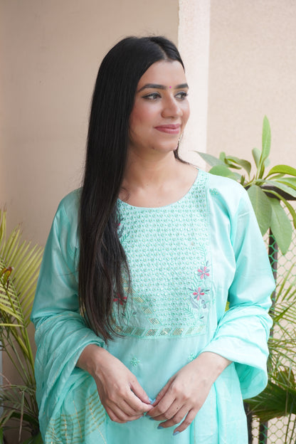 Sea Green Colour Thread & Sequence Work Straight Kurta Set with Pant & Dupatta