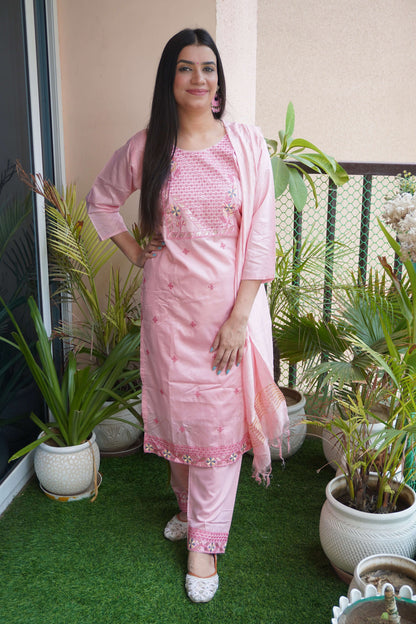 Pink Colour Thread & Sequence Work Straight Kurta Set with Pant & Dupatta