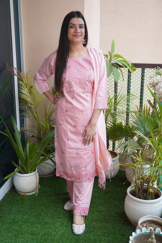 Pink Colour Thread & Sequence Work Straight Kurta Set with Pant & Dupatta
