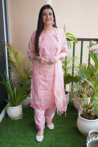 Pink Colour Thread & Sequence Work Straight Kurta Set with Pant & Dupatta