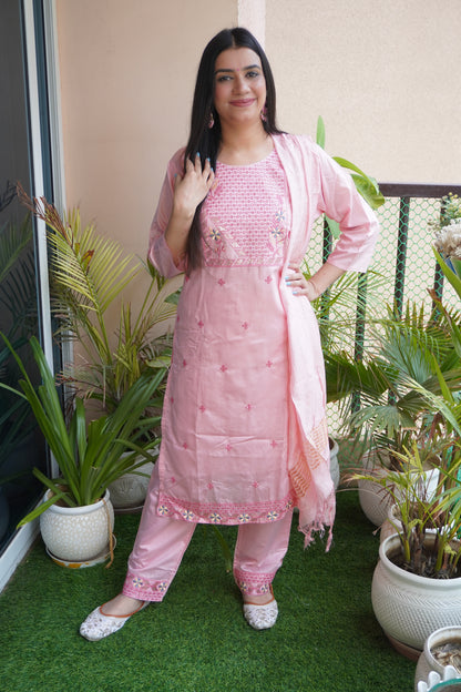 Pink Colour Thread & Sequence Work Straight Kurta Set with Pant & Dupatta