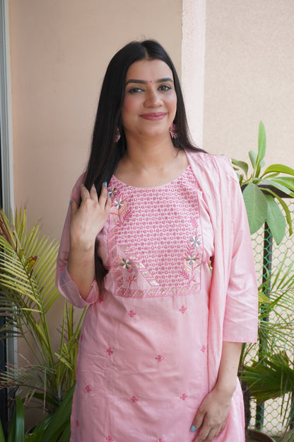 Pink Colour Thread & Sequence Work Straight Kurta Set with Pant & Dupatta