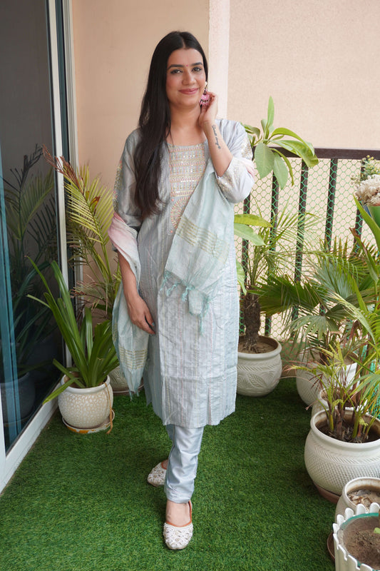 Grey Colour Thread & Sequence Work Straight Kurta Set with Pant & Dupatta