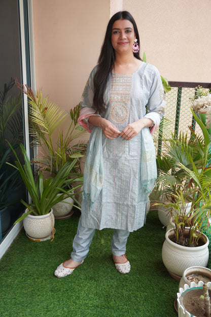 Grey Colour Thread & Sequence Work Straight Kurta Set with Pant & Dupatta
