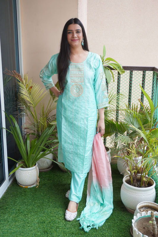 Sea Green Colour Thread & Sequence Work Straight Kurta Set with Pant & Dupatta
