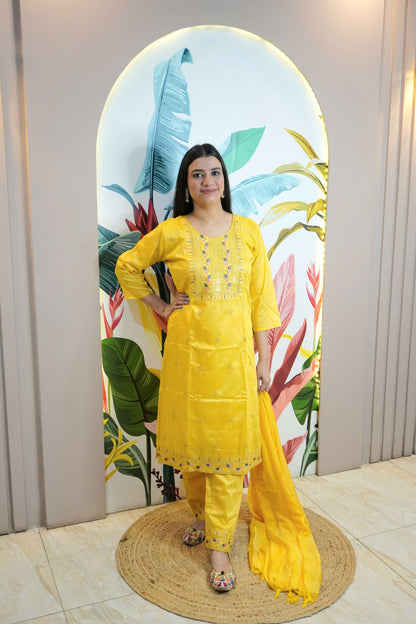 Mustard Colour Thread & Sequence Work Straight Kurta Set with Pant & Dupatta