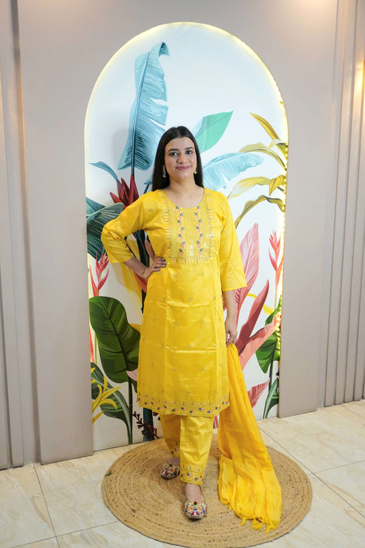 Mustard Colour Thread & Sequence Work Straight Kurta Set with Pant & Dupatta