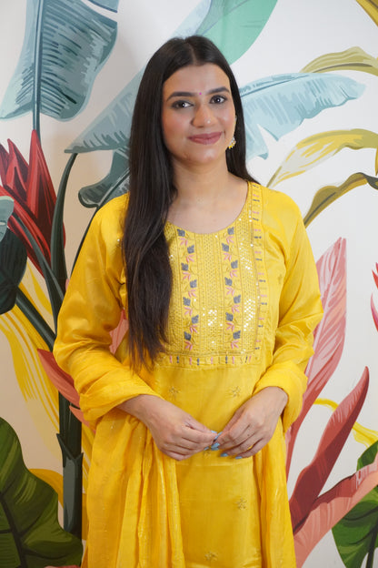 Mustard Colour Thread & Sequence Work Straight Kurta Set with Pant & Dupatta