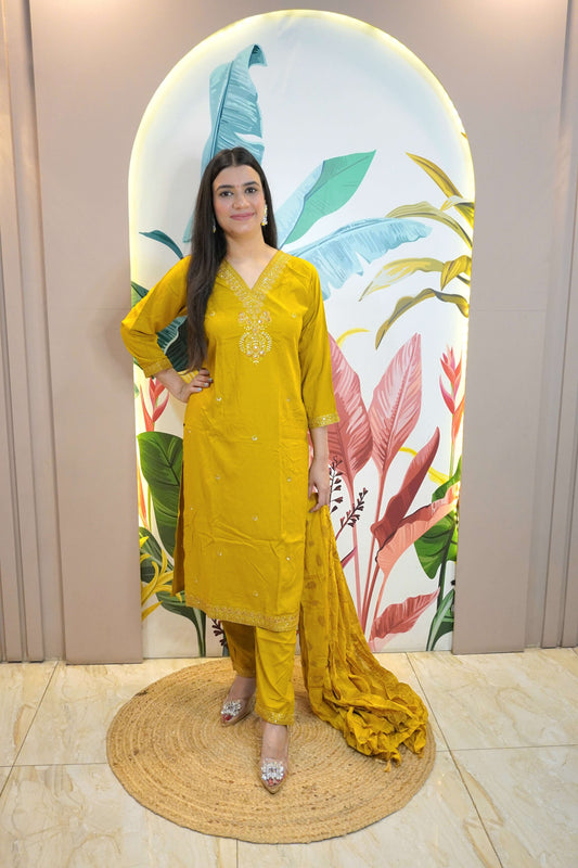 Mustard Colour Thread & Sequence Work Straight Kurta Set with Pant & Dupatta