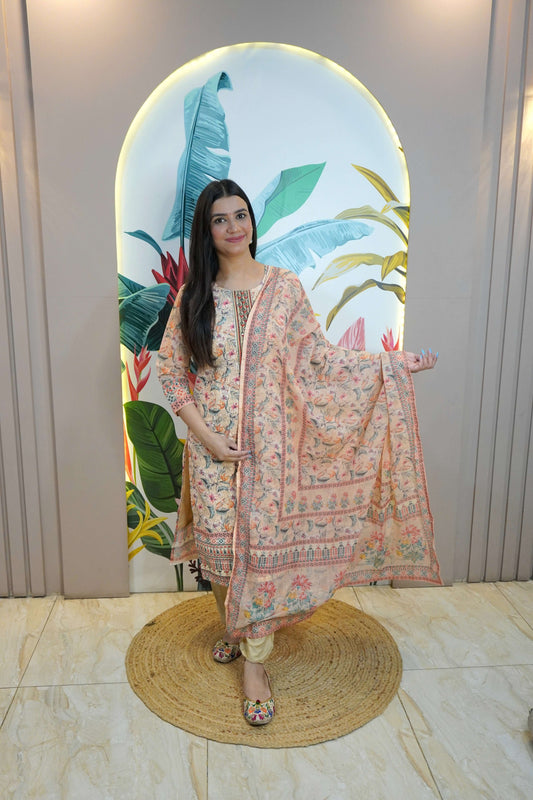 Beige Colour Floral design Chikankari & Sequence Work Straight Kurta Set with Pant & Dupatta