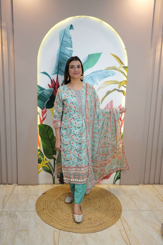 Sea Green Colour Floral design Chikankari & Sequence Work Straight Kurta Set with Pant & Dupatta