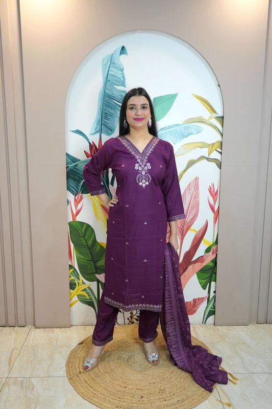 Purple Colour Thread & Sequence Work Straight Kurta Set with Pant & Dupatta