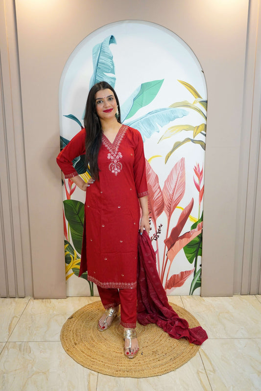 Red Colour Thread & Sequence Work Straight Kurta Set with Pant & Dupatta