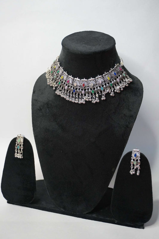 Multi Colour Oxidised Necklace with Earring