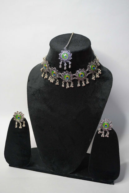 Peacock Feather Design Oxidised Necklace with Earring & Maang Tikka