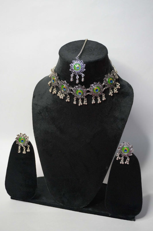 Peacock Feather Design Oxidised Necklace with Earring & Maang Tikka