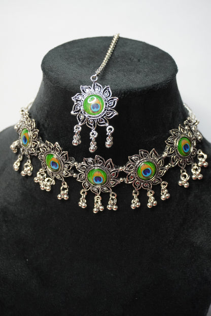 Peacock Feather Design Oxidised Necklace with Earring & Maang Tikka