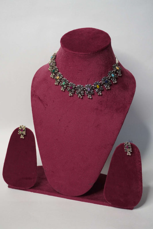 Multi Colour Oxidised Necklace with Earring