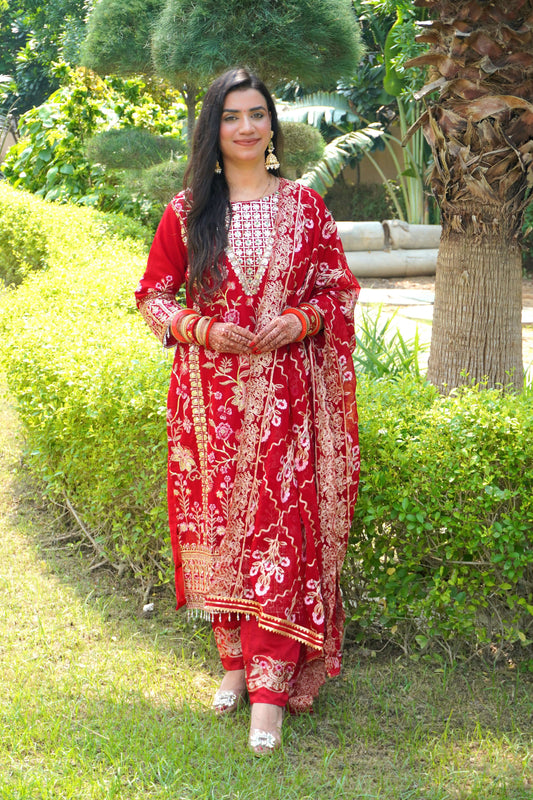 Red Colour Zari & Mirror Work Pakistani Kurta Set with Pant & Dupatta