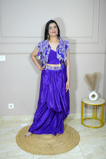 Purple Colour Thread & Mirror Work Top with Skirt & Heavy Work Jacket (Dress have 4 inch of margin for alteration as per customer need)
