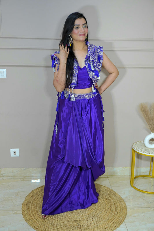 Purple Colour Thread & Mirror Work Top with Skirt & Heavy Work Jacket (Dress have 4 inch of margin for alteration as per customer need)