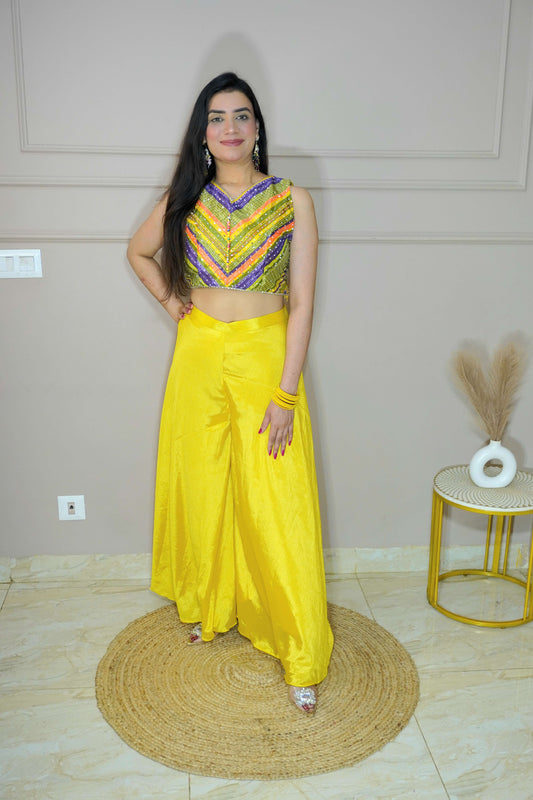 Yellow Colour Mirror Work Top with Palazzo & Shrug