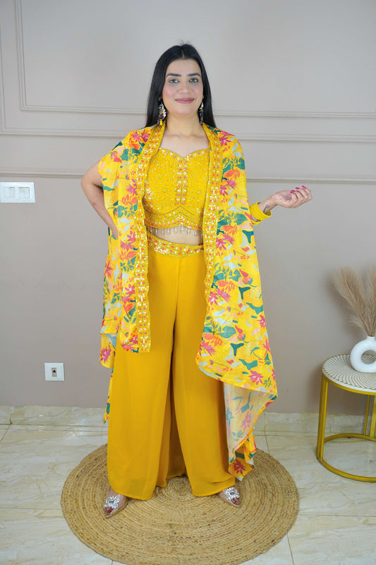 Mustard Colour Thread Work Top with Palazzo & Shrug