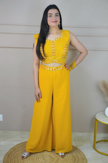 Mustard Colour Thread Work Top with Palazzo & Shrug