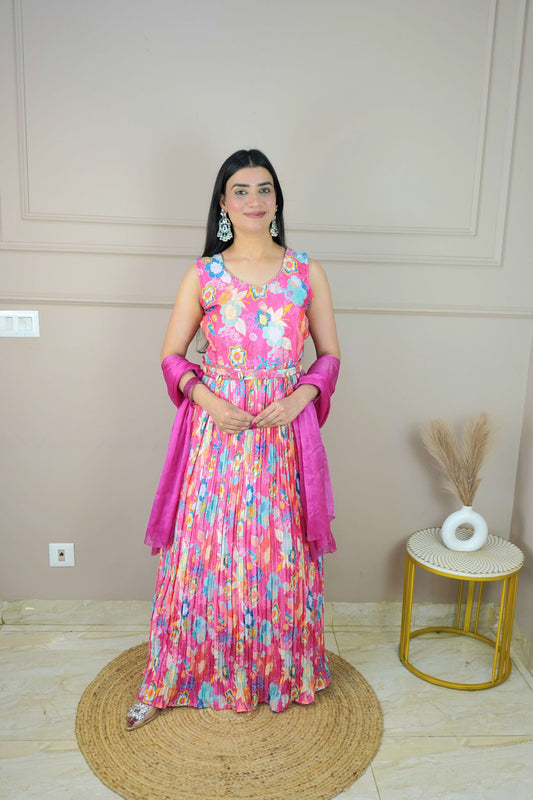 Pink Colour Digital Print With Moti Work Floor Length Gown with Belt & Dupatta (Dress have 4 inch of margin both side for alteration as per customer need)