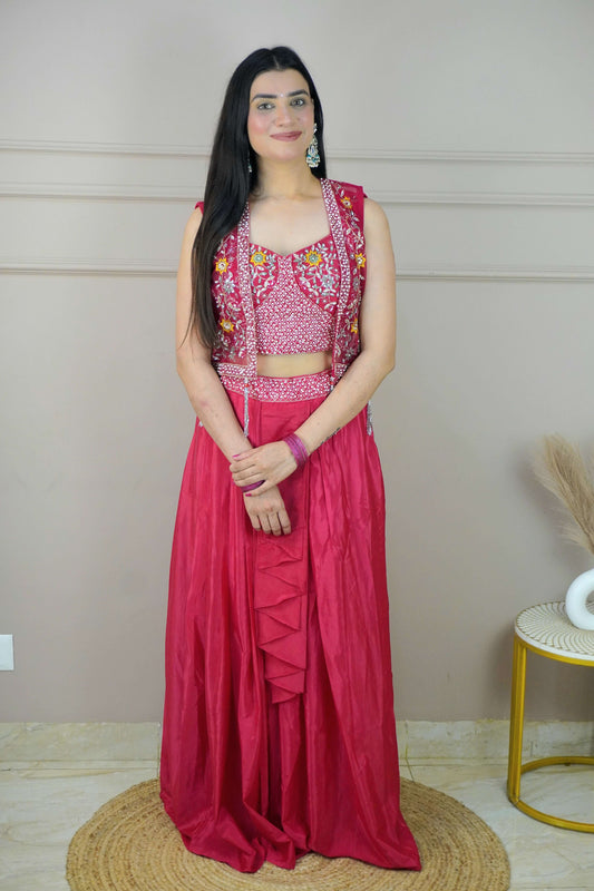 Dark Pink Colour Thread & Pearl Work Top with Skirt & Heavy Work Jacket (Dress have 4 inch of margin both side for alteration as per customer need)