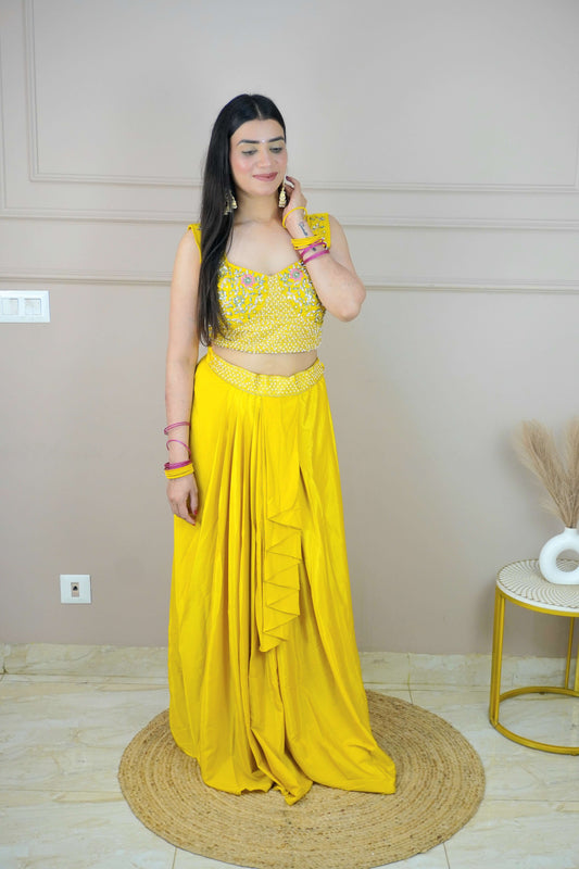 Yellow Colour Thread & Pearl Work Top with Skirt & Heavy Work Jacket (Dress have 4 inch of margin both side for alteration as per customer need)