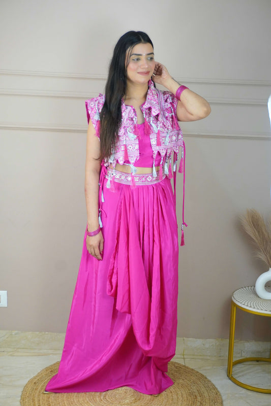 Pink Colour Thread & Mirror Work Top with Skirt & Heavy Work Jacket (Dress have 4 inch of margin for alteration as per customer need)