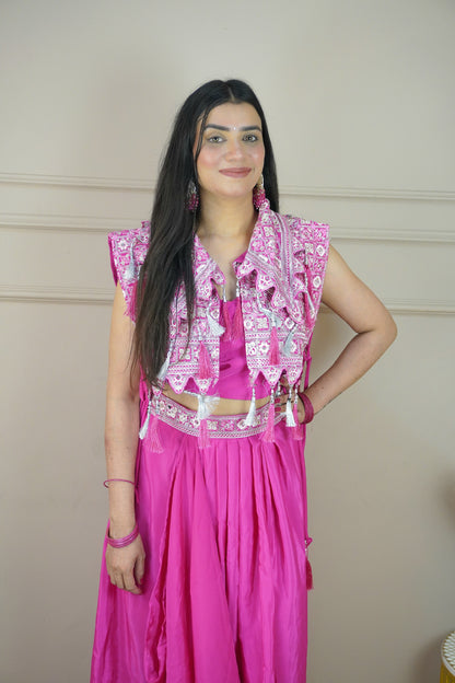Pink Colour Thread & Mirror Work Top with Skirt & Heavy Work Jacket (Dress have 4 inch of margin for alteration as per customer need)