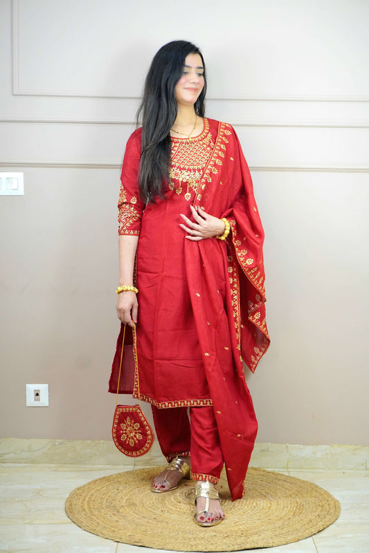 Red Colour Thread Work Straight Kurta Set with Elastic Pant Dupatta & Potli