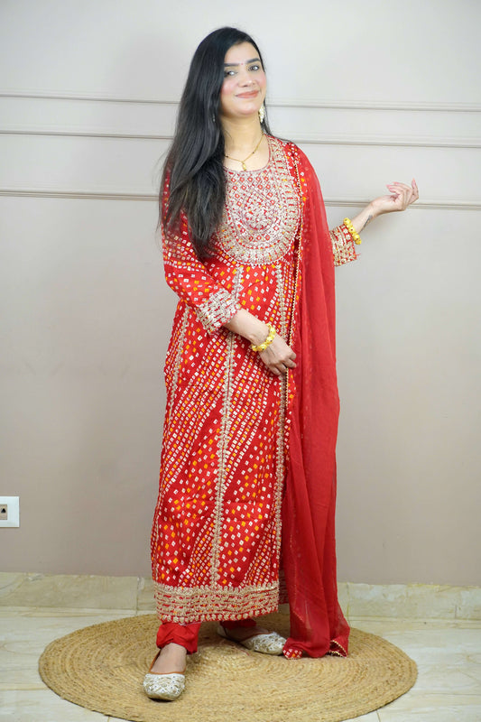 Red Colour Bandhani Print Anarkali Kurta Set with Mirror & Zari Work Comes with Pant & Dupatta