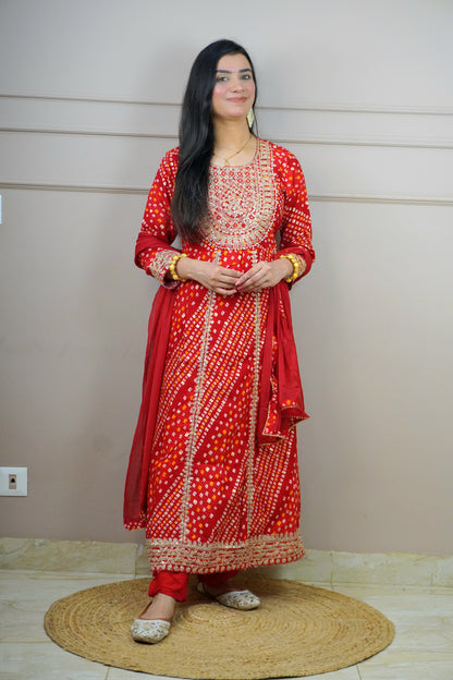 Red Colour Bandhani Print Anarkali Kurta Set with Mirror & Zari Work Comes with Pant & Dupatta