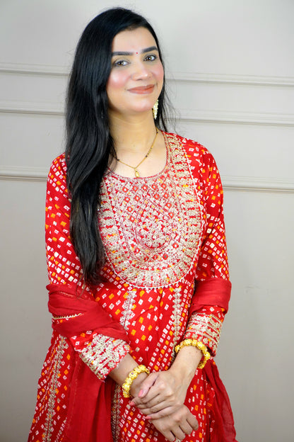 Red Colour Bandhani Print Anarkali Kurta Set with Mirror & Zari Work Comes with Pant & Dupatta