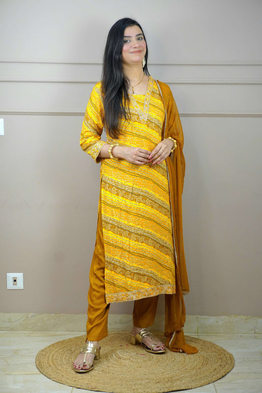 Mustard Colour Thread Work V Neck Straight Kurta Set with Elastic Pant Dupatta